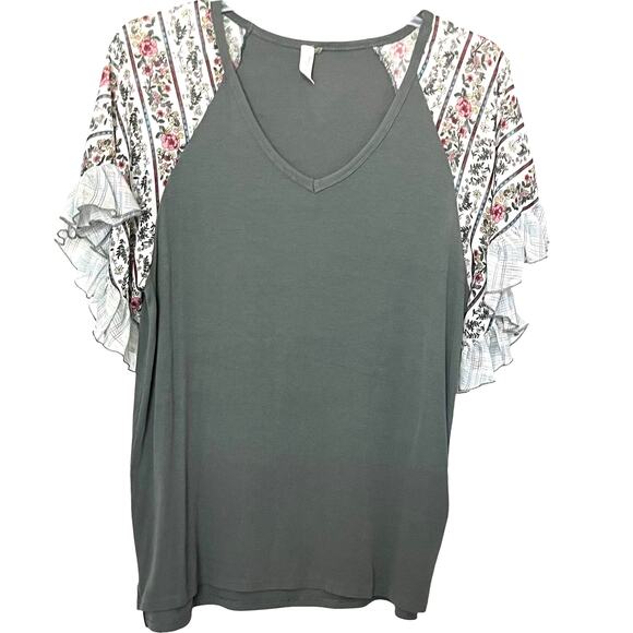 L LOVE SHORT SLV PULL-OVER V-NECK BLOUSE, WOMENS, L, GREEN W/PINK YELLOW FLORAL - Picture 1 of 11
